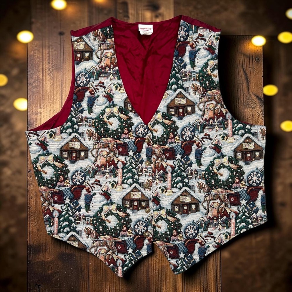 Christmas Tapestry Vest VTG Winter Village Novelty Holidaycore -See Measurements